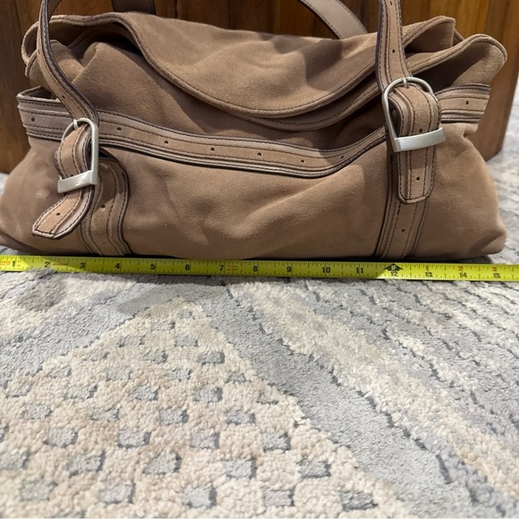 Longaberger Fold Over Hobo Handbag Purse Suede Leather Taupe Sisters P - Picture 2 of 12